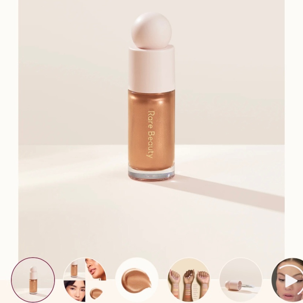 full sized rare beauty liquid highlighter in the golden shade flaunt✨